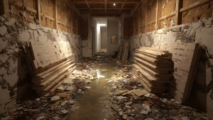 Fototapeta premium Mixed renovation debris pile emphasizing wood planks and broken drywall textures