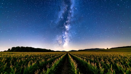 A nightscape where the Milky Way arcs above a cultivated field, emphasizing linear perspective toward the horizon. Lush green vegetation grows