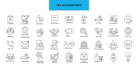 Tax accountant line icon set with finance business and accounting service icons .Professional accounting collection featuring business strategy . Minimalist vector graphics for corporate audit and boo