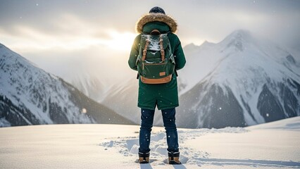 Person in green winter coat and backpack standing on snowy mountain peak with breathtaking view of snow covered mountains at sunrise