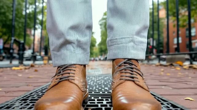 Person stands on a metal grate in a city street with trees and buildings in the background during daylight