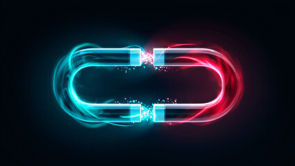 Horseshoe magnet attracting with bright blue and red magnetic field transparent background