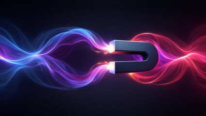 horseshoe magnet attracting colorful magnetic field lines in dark space transparent background