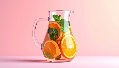 Clear glass pitcher with orange slices, mint, on a pink gradient