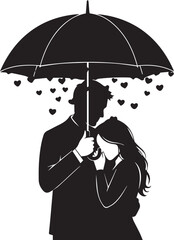 Couple embracing under umbrella with hearts falling
