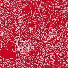 seamless pattern with christmas new year ornament and tree snowman horse ball greeting card 