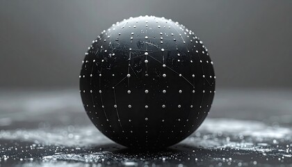 Polished sphere adorned with dots and lines, reflecting on a surface