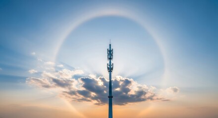 Obraz premium Cell tower stands against orange and blue sky with halo effect, symbolizing global connection and telecommunication technology.