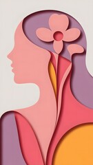 Abstract 3D woman profile paper craft with decorative flowers, multipurpose vertical background.