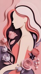 3D layered woman portrait with roses, artistic vertical background for family and motherhood themes.