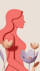 Minimalist 3D paper cut woman silhouette with floral elements, clean vertical background design.