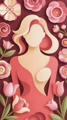 Aesthetic 3D floral paper art illustration of a woman, decorative vertical background for greetings.