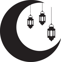 Fototapeta premium Black crescent moon with three hanging lanterns white