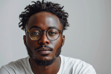 Obraz premium Studio portrait of a young Black man with round eyeglasses, short textured hair and beard, wearing a white t-shirt on a neutral background. Modern, minimal, confident lifestyle portrait