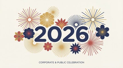 2026 Celebration Vector Graphic with Stylized Fireworks and 'Corporate & Public Celebration' Text