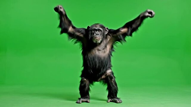 Chimpanzee standing on hind legs with arms raised in aggressive posture