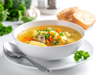 A close-up of a white bowl filled with hot chicken broth soup containing carrots, potatoes, and green onions, served with bread