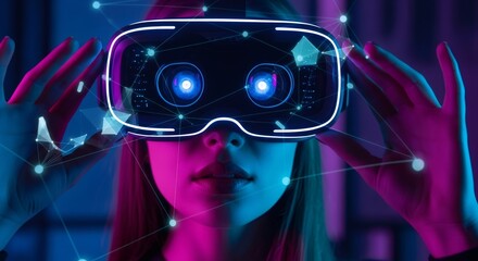 Young woman experiencing virtual reality headset with digital network overlay. Immersive metaverse technology and future digital connection.