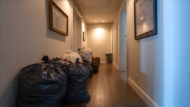 Apartment Hallway Cleanout with Polished Floors and Neat Trash Bags