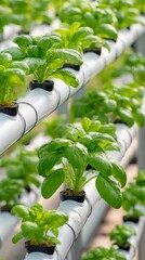 Hydroponic system pipes with nutrient flow and green leaves, sustainable growing concept, studio light, copy space, 8k.