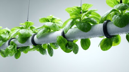 Hydroponic system pipes with nutrient flow and green leaves, sustainable growing concept, studio light, copy space, 8k.