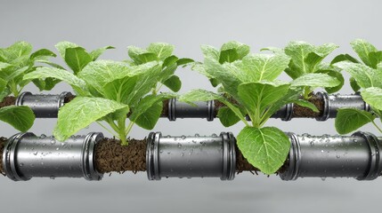 Hydroponic system pipes with nutrient flow and green leaves, sustainable growing concept, studio light, copy space, 8k.