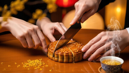 Cutting Traditional Mooncake with Tea for Mid-Autumn Festival Party