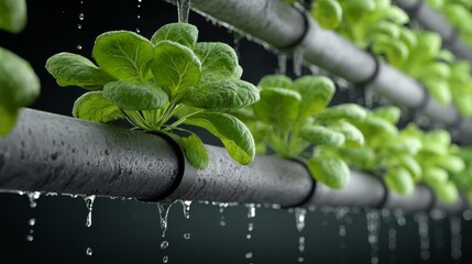 Hydroponic system pipes with nutrient flow and green leaves, sustainable growing concept, studio light, copy space, 8k.