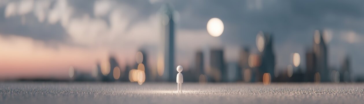 A miniature figure stands alone against the blurred Dallas skyline, illuminated by a large moon, evoking feelings of solitude and wonder, world travel with space for text