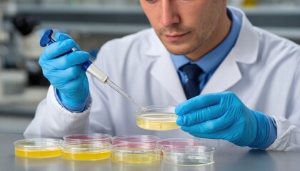 Scientist analyzing microbiological samples in petri dishes using micropipette