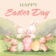Cute Easter Bunnies with Colorful Eggs in Pastel Spring Landscape