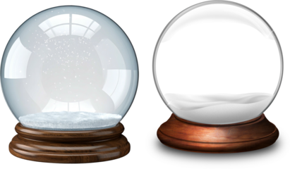 Empty Snow Globes set isolated. Transparent crystal balls Winter elements for New Year decoration snow globe with flying snow festive background. Elegant holiday greeting card, promotions, seasonal
