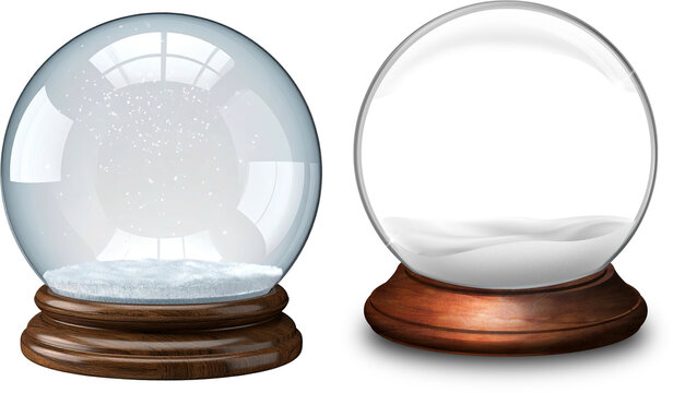 Empty Snow Globes set isolated. Transparent crystal balls Winter elements for New Year decoration snow globe with flying snow festive background. Elegant holiday greeting card, promotions, seasonal