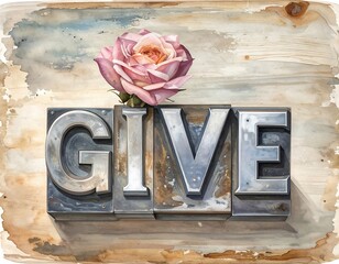 A close-up of the word "GIVE" formed by silver letterpress letters, a soft pink rose blooming. The image is on a wood background