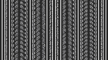 Abstract black and white vertical striped pattern with textured elements resembling tire tracks or woven fabric, creating a repetitive graphic design.