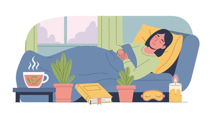 Woman Relaxing on Sofa with Pillow.