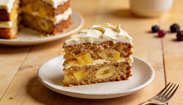 Tropical fruit cake with banana and pineapple layers, sweet frosting, and berries for a delightful treat.