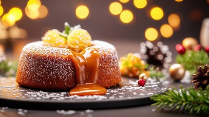 Warm Caramel Cake Drizzled with Sauce Surrounded by Holiday Decor