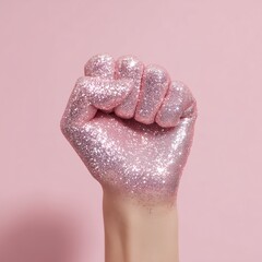Glittering Pink Fist on Pastel Background