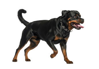 Obraz premium A black and tan rottweiler dog with a chain collar walking towards the right side of the frame with its mouth open and tongue out, isolated on transparent background