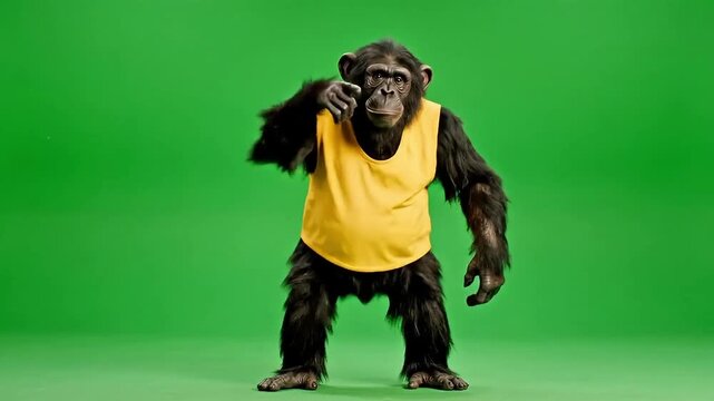 Chimpanzee in yellow vest standing on green background