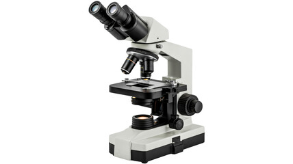Microscope in laboratory setting with black and white color scheme in studio lighting for scientific research