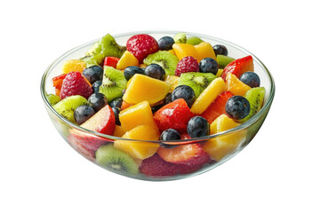 Delicious fruit salad in a clear glass bowl with fresh berries and tropical fruits isolated on transparent background