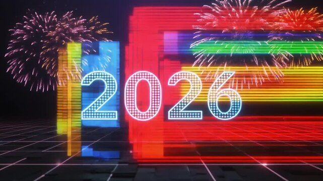 A futuristic digital illustration of a colorful 2026 sign with neon lights and fireworks exploding in the background, set against a dark grid floor. Perfect for New Year celebrations, Happy New Year
