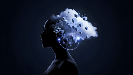 AI Artificial Intelligence Concept with Human Head Profile and Cloud Brain Technology