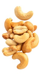 A close-up, overhead shot of a pile of roasted nuts against a bright white background. They have a curved shape