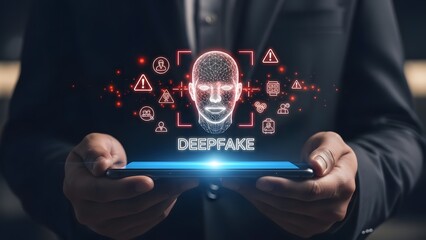 Person holding smartphone displaying deepfake concept with digital face and warning