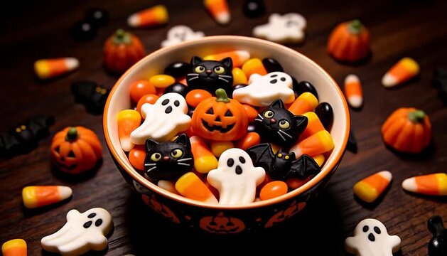 Festive halloween candy bowl fill with spooky treats and seasonal sweets for celebration halloween, autumn.