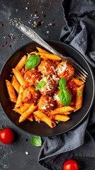 A close-up, overhead shot of a penne pasta dish with meatballs, tomato sauce, basil, and grated cheese, in a dark bowl with a fork