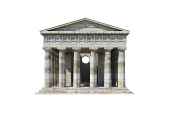 Ancient greek temple facade with columns and triangular roof, architectural monument, historical landmark, isolated on transparent background